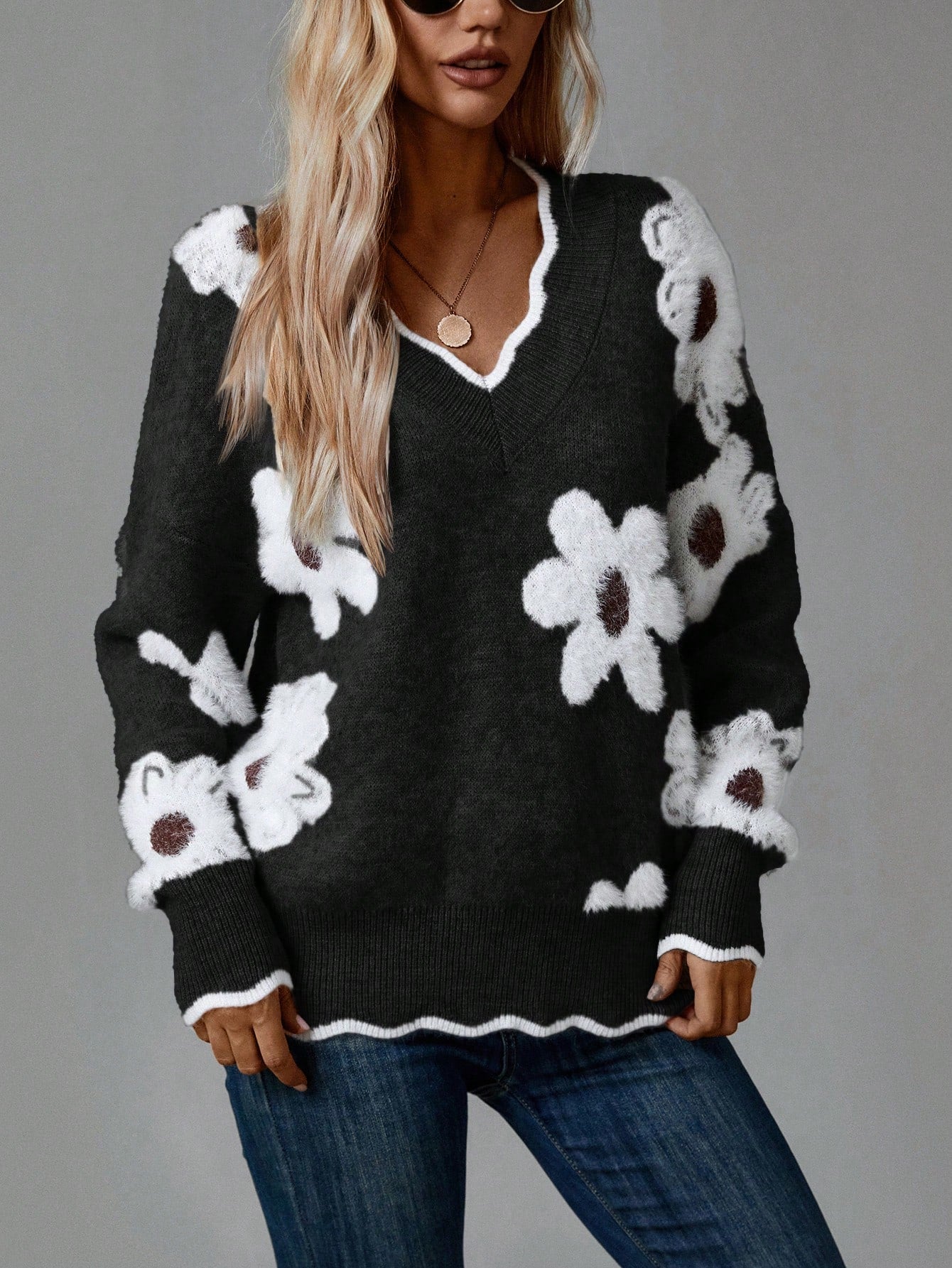 Women's Colorful 3D Floral V-Neck Drop Shoulder Long Sleeve Sweater, Casual For Autumn And Winter New Years,Long Sleeve Tops