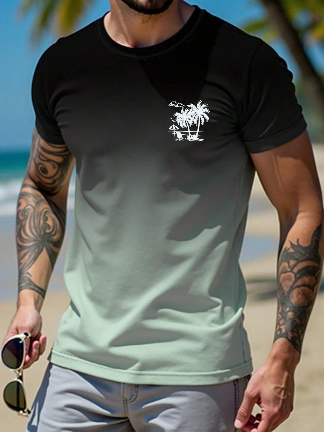 Manfinity RSRT Round Neck Digital Printed Ombre Color Summer Casual Short Sleeve T-Shirt