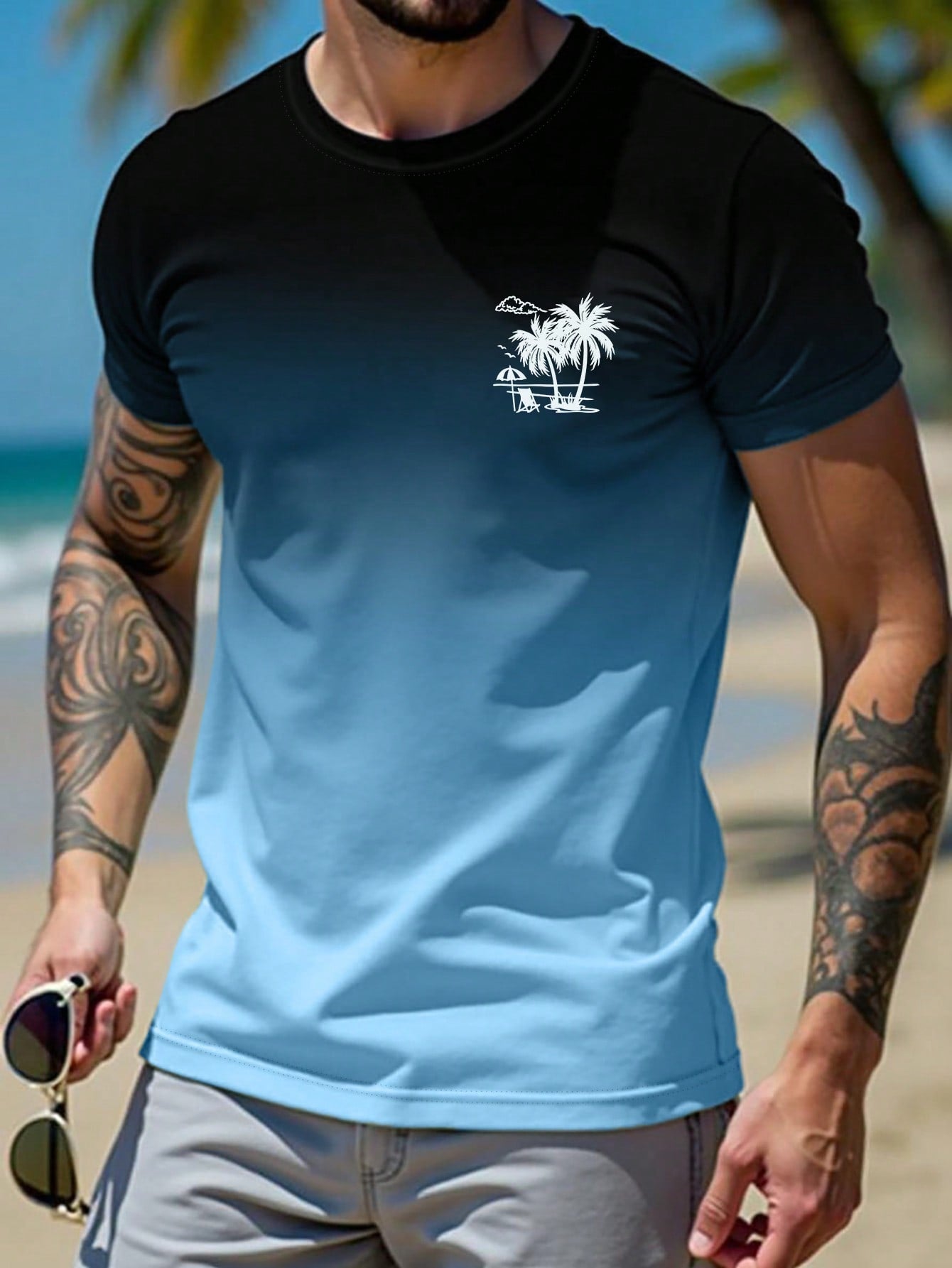 Manfinity RSRT Round Neck Digital Printed Ombre Color Summer Casual Short Sleeve T-Shirt