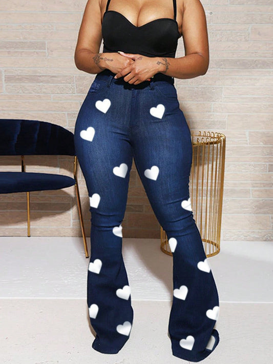 Valentine's Heart Print Women's Long Skinny Flared Jeans