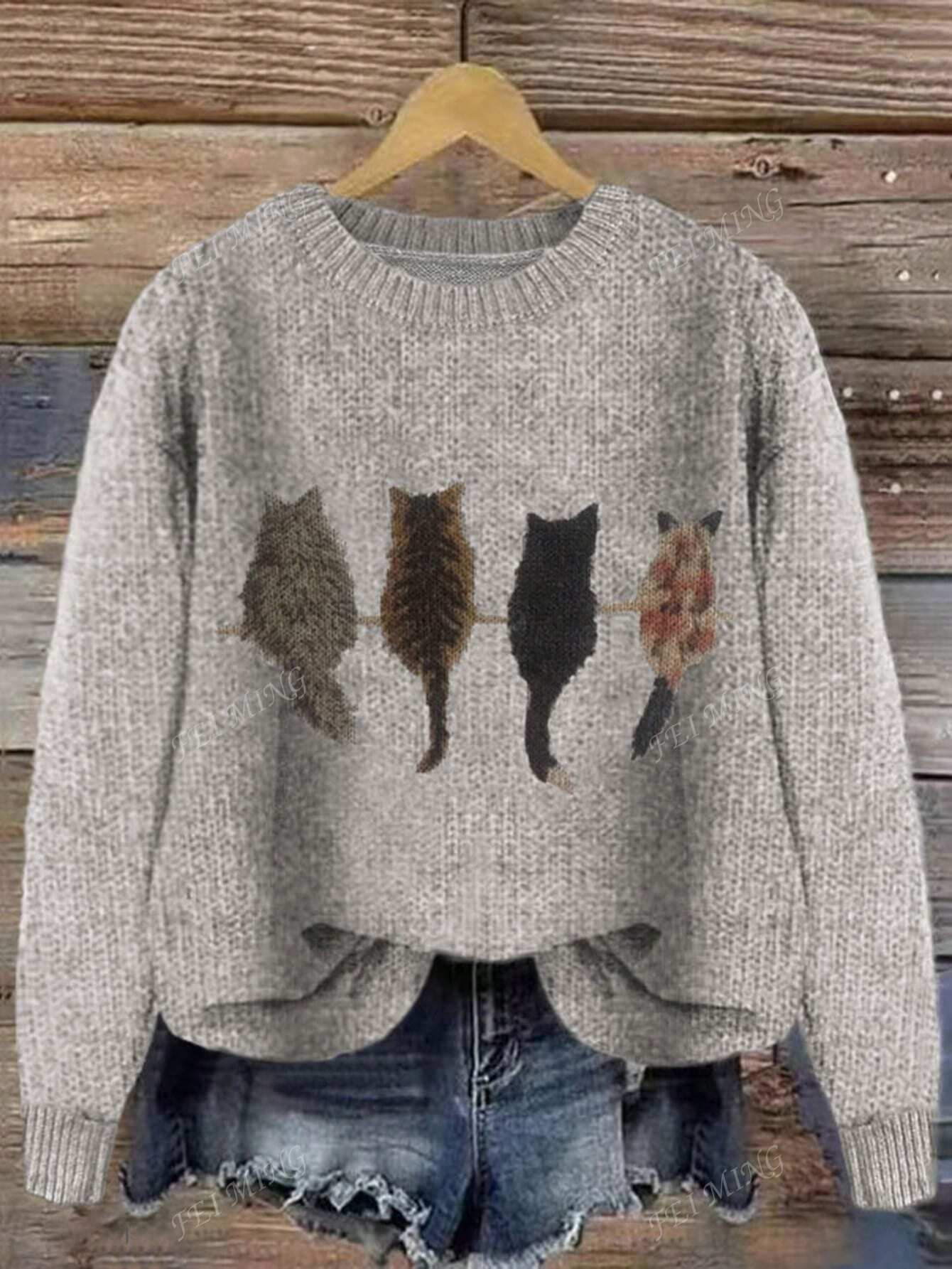 Crew Neck Colorblock Cat Print Loose Casual Knitted Pullover Sweater