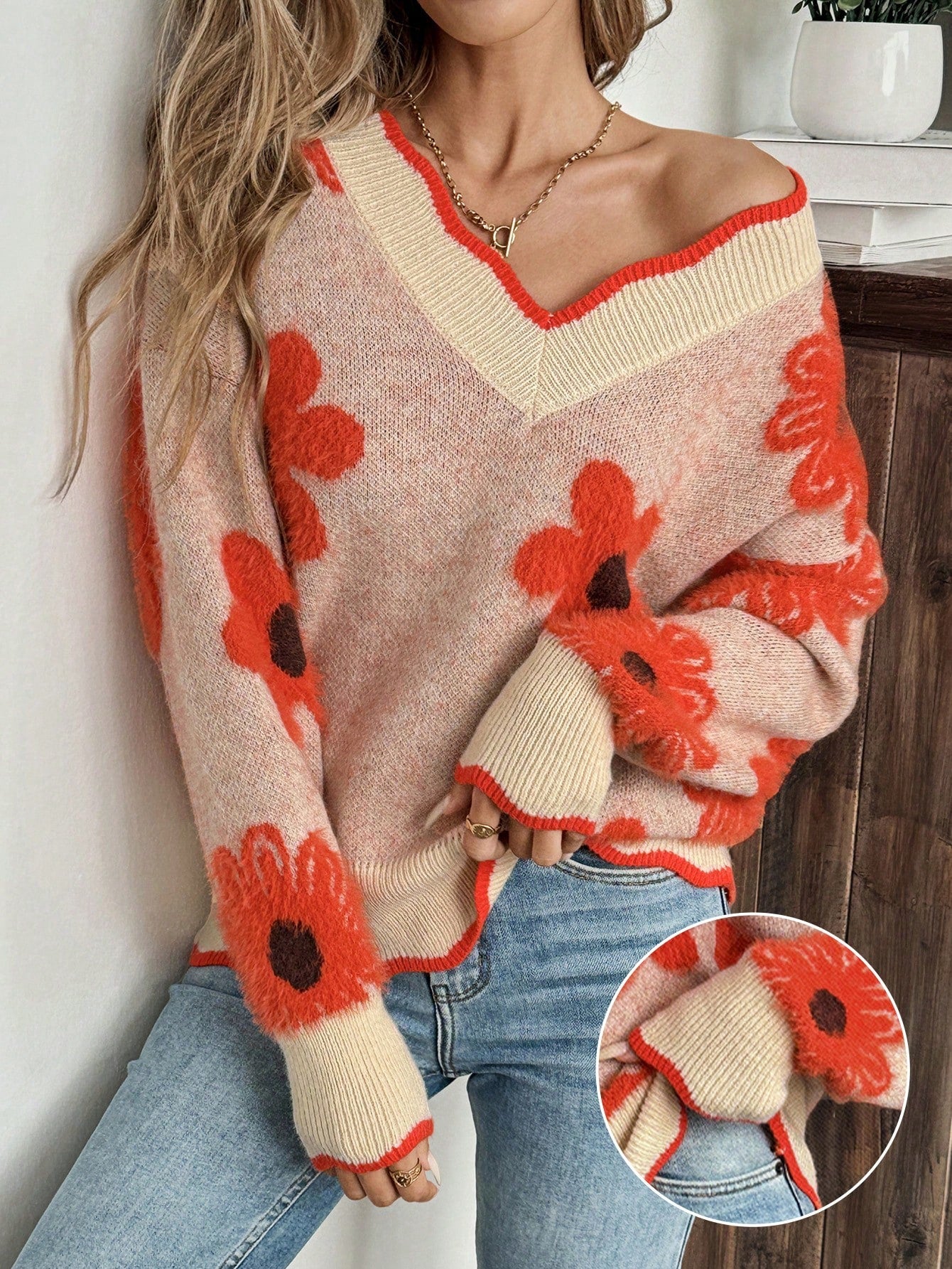 Women's Colorful 3D Floral V-Neck Drop Shoulder Long Sleeve Sweater, Casual For Autumn And Winter New Years,Long Sleeve Tops