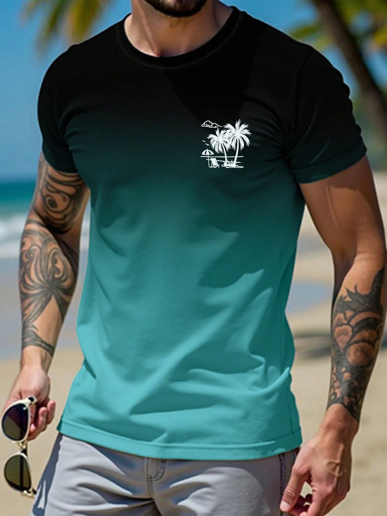 Manfinity RSRT Round Neck Digital Printed Ombre Color Summer Casual Short Sleeve T-Shirt