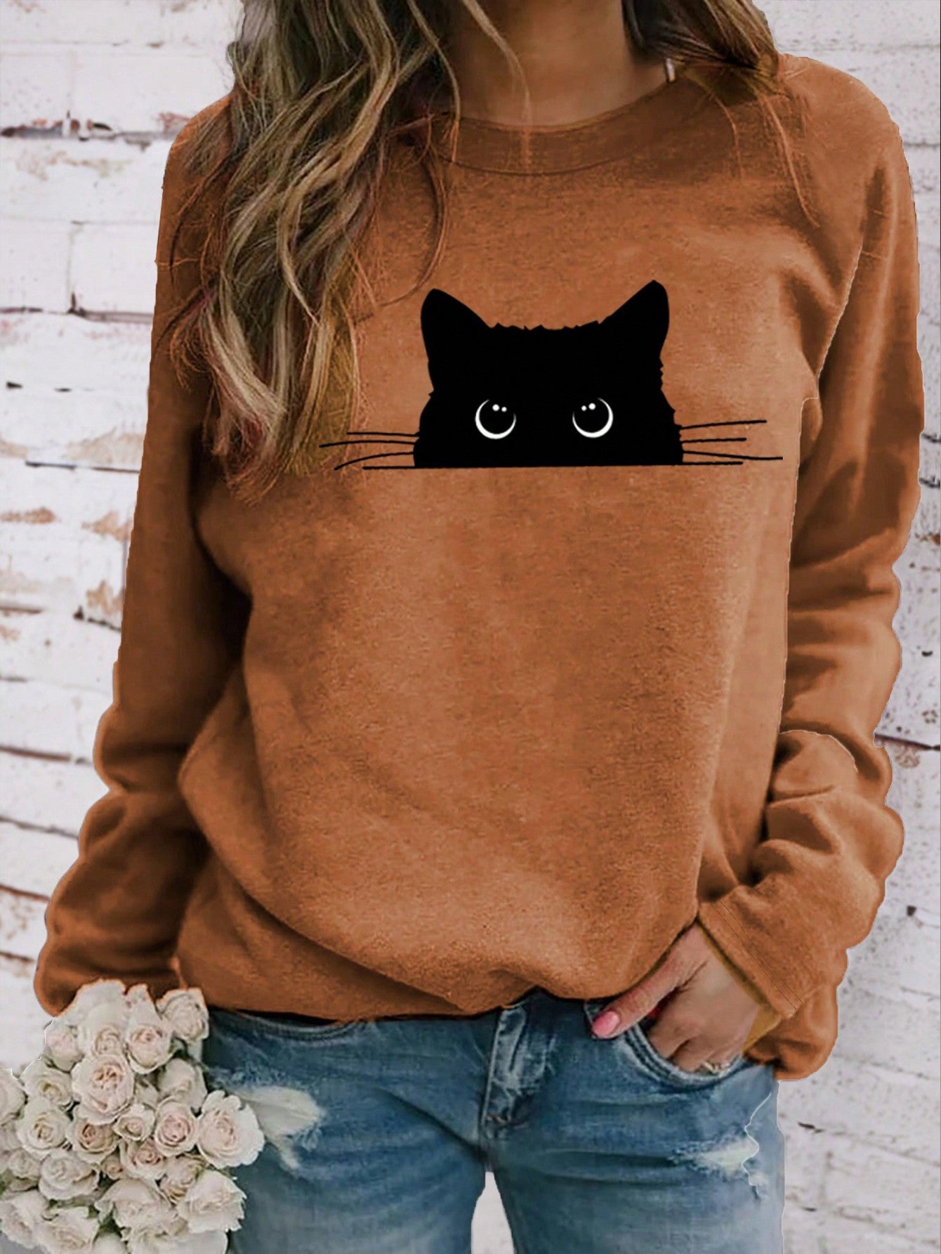 Women's Round Neck Long Sleeve Cat Print Casual T-Shirt For New Year Clothes Graphic Tees Women Tops For Spring Outfit
