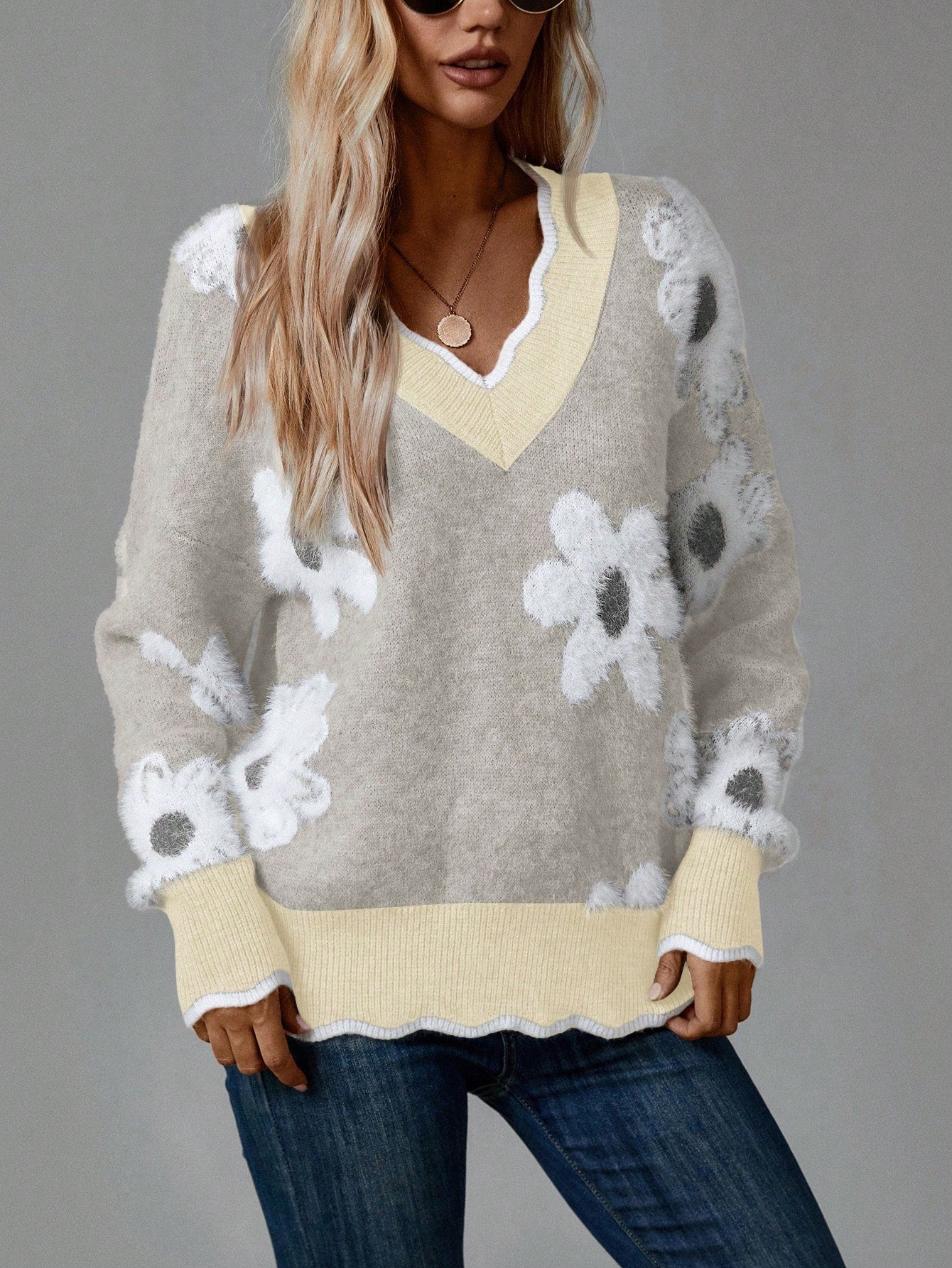 Women's Colorful 3D Floral V-Neck Drop Shoulder Long Sleeve Sweater, Casual For Autumn And Winter New Years,Long Sleeve Tops