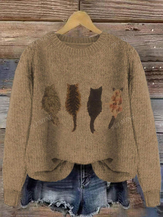 Crew Neck Colorblock Cat Print Loose Casual Knitted Pullover Sweater