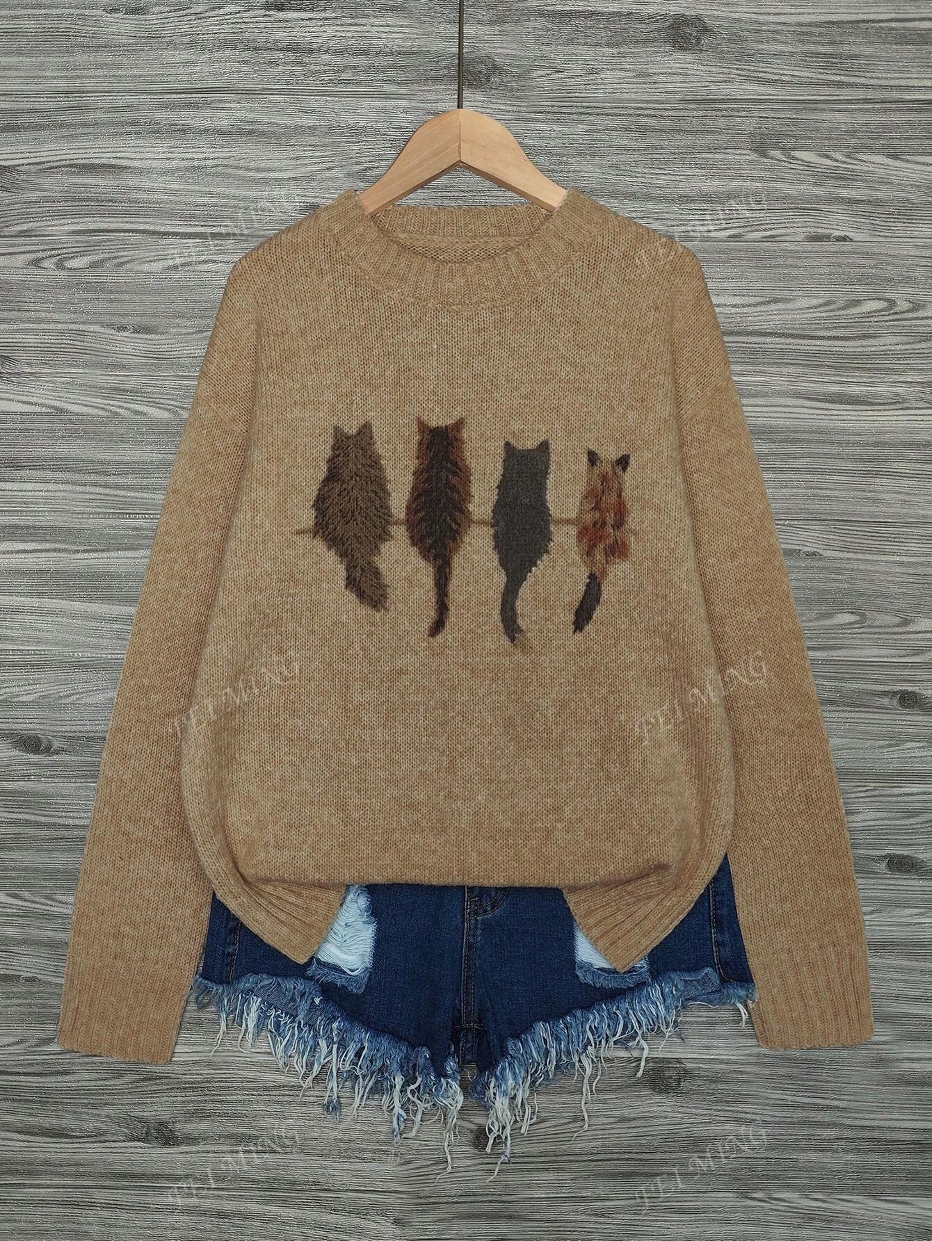 Crew Neck Colorblock Cat Print Loose Casual Knitted Pullover Sweater