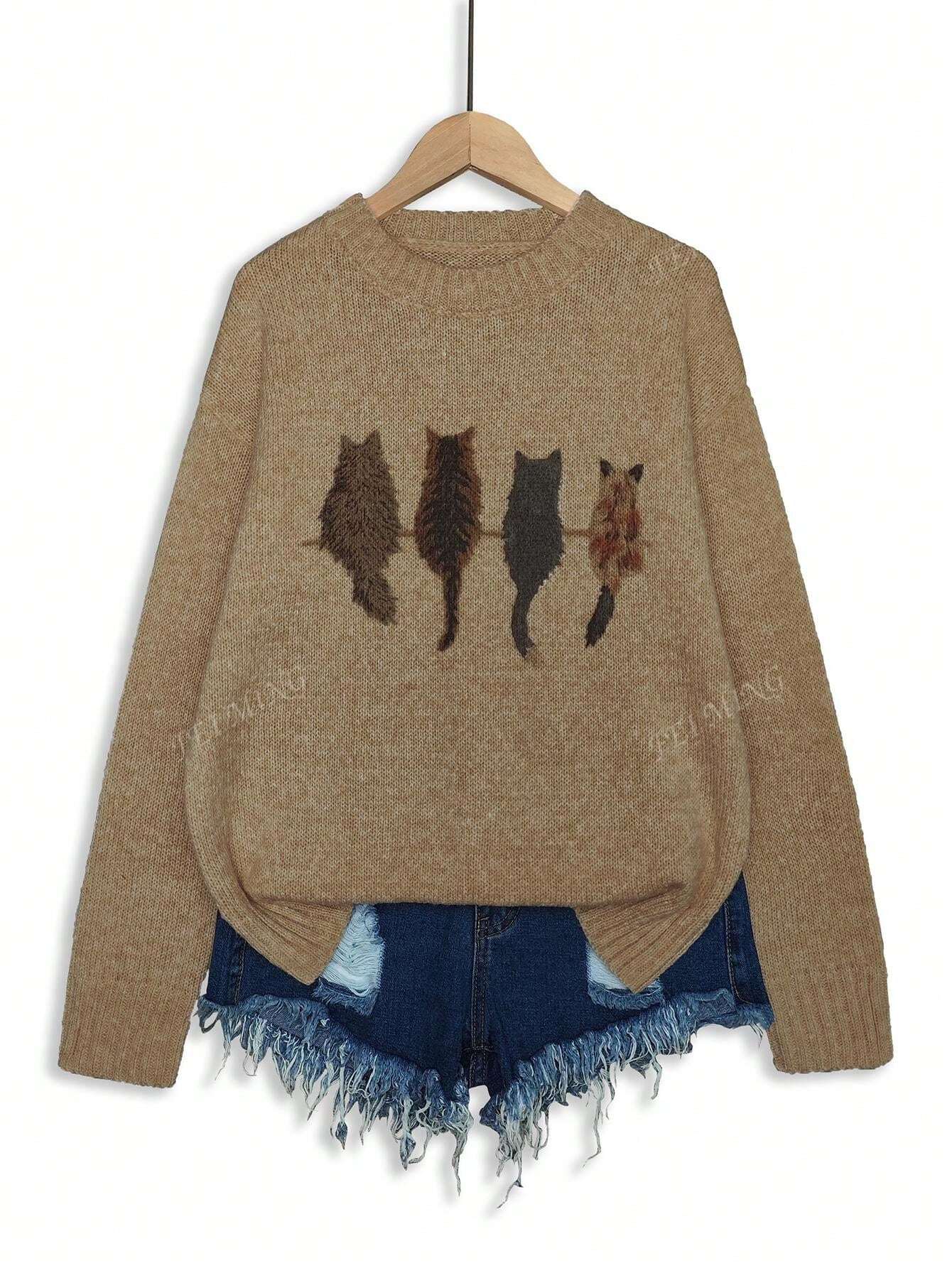 Crew Neck Colorblock Cat Print Loose Casual Knitted Pullover Sweater
