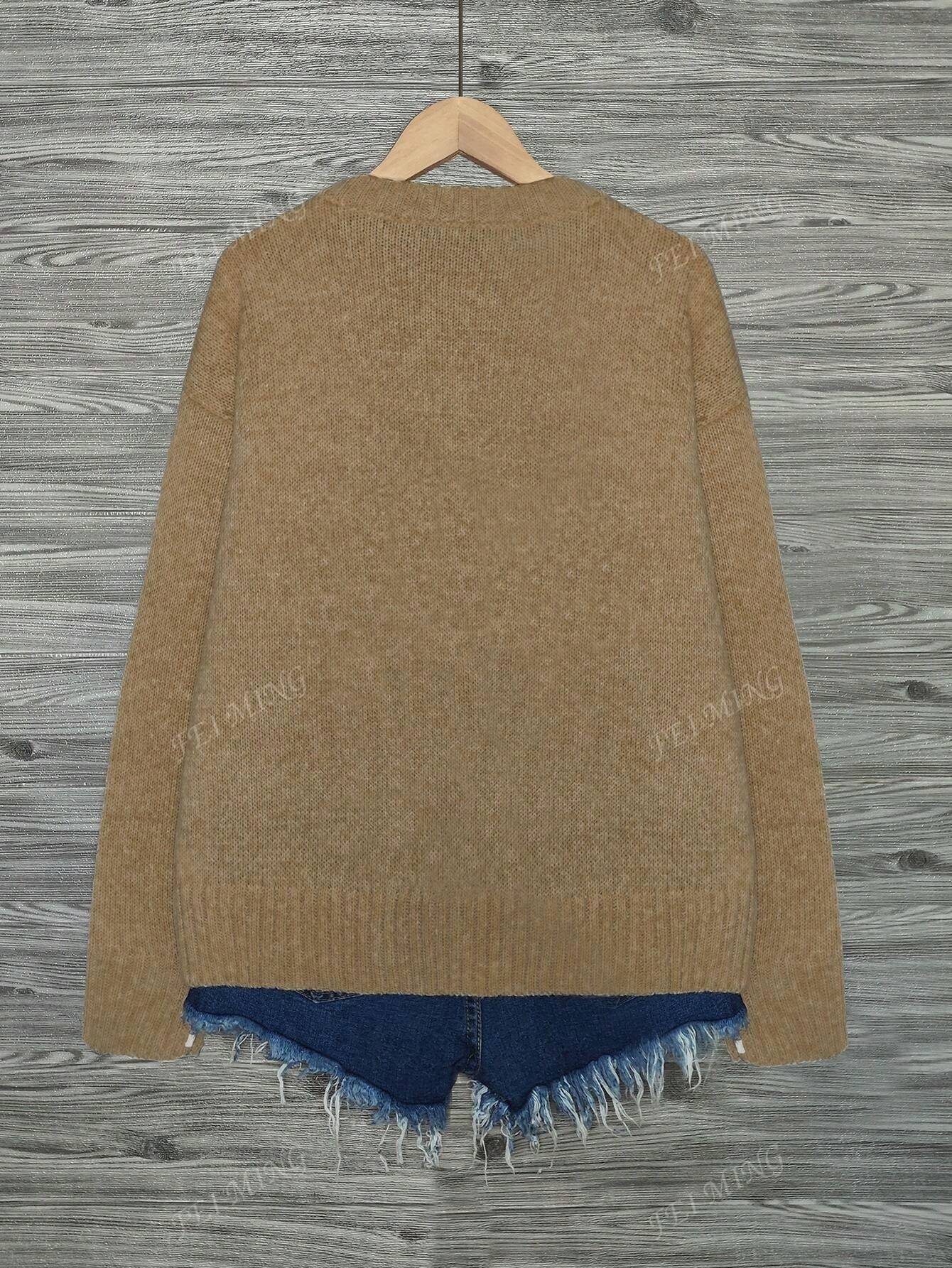 Crew Neck Colorblock Cat Print Loose Casual Knitted Pullover Sweater