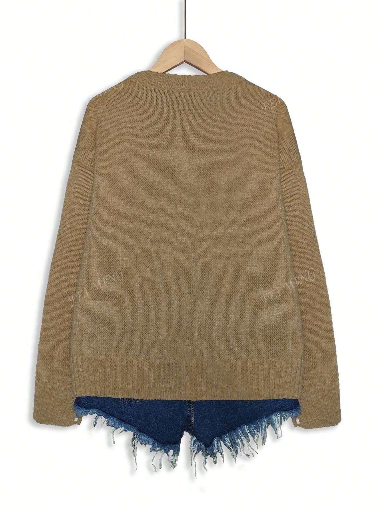 Crew Neck Colorblock Cat Print Loose Casual Knitted Pullover Sweater