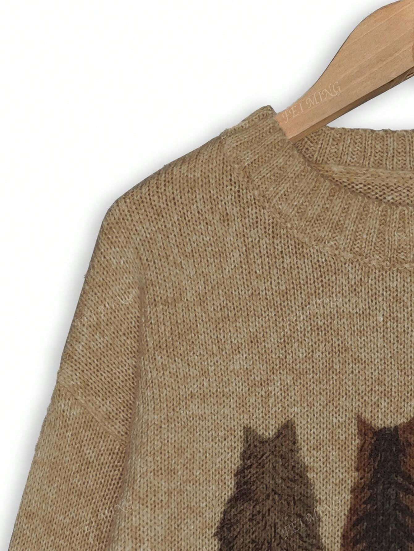 Crew Neck Colorblock Cat Print Loose Casual Knitted Pullover Sweater
