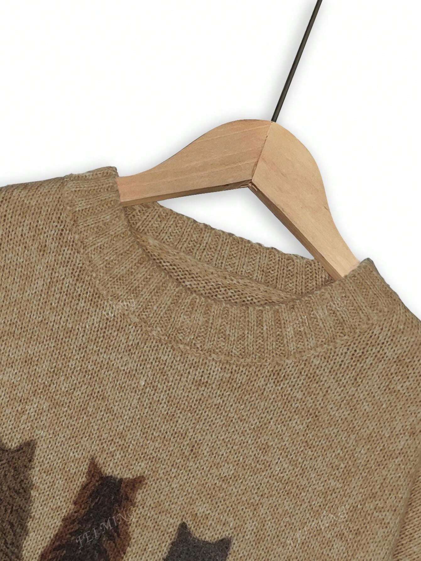 Crew Neck Colorblock Cat Print Loose Casual Knitted Pullover Sweater