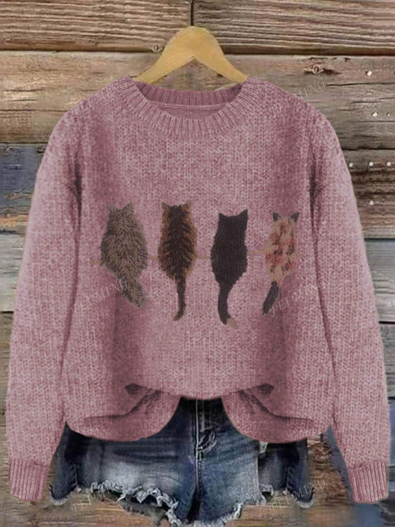 Crew Neck Colorblock Cat Print Loose Casual Knitted Pullover Sweater