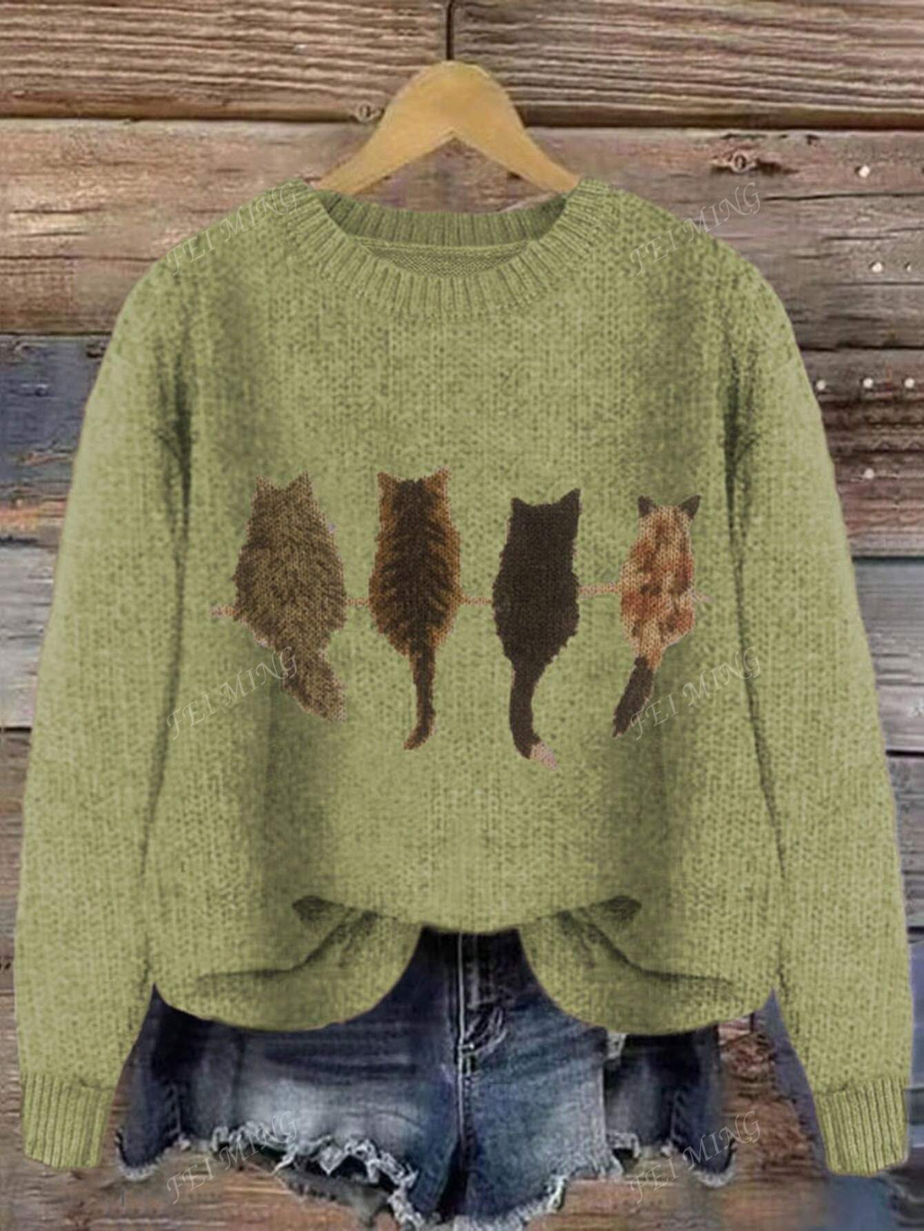Crew Neck Colorblock Cat Print Loose Casual Knitted Pullover Sweater