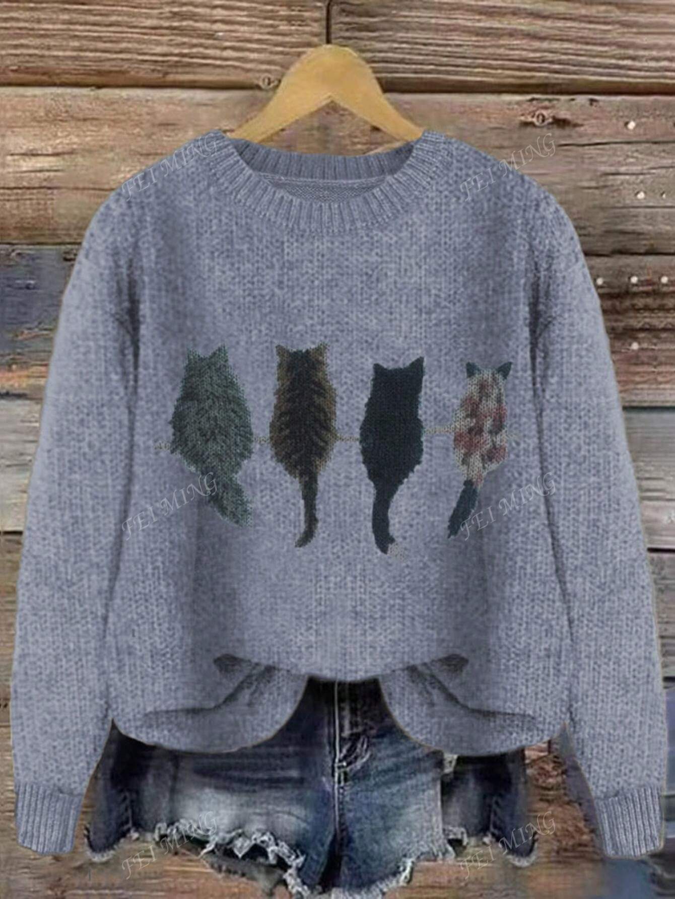 Crew Neck Colorblock Cat Print Loose Casual Knitted Pullover Sweater