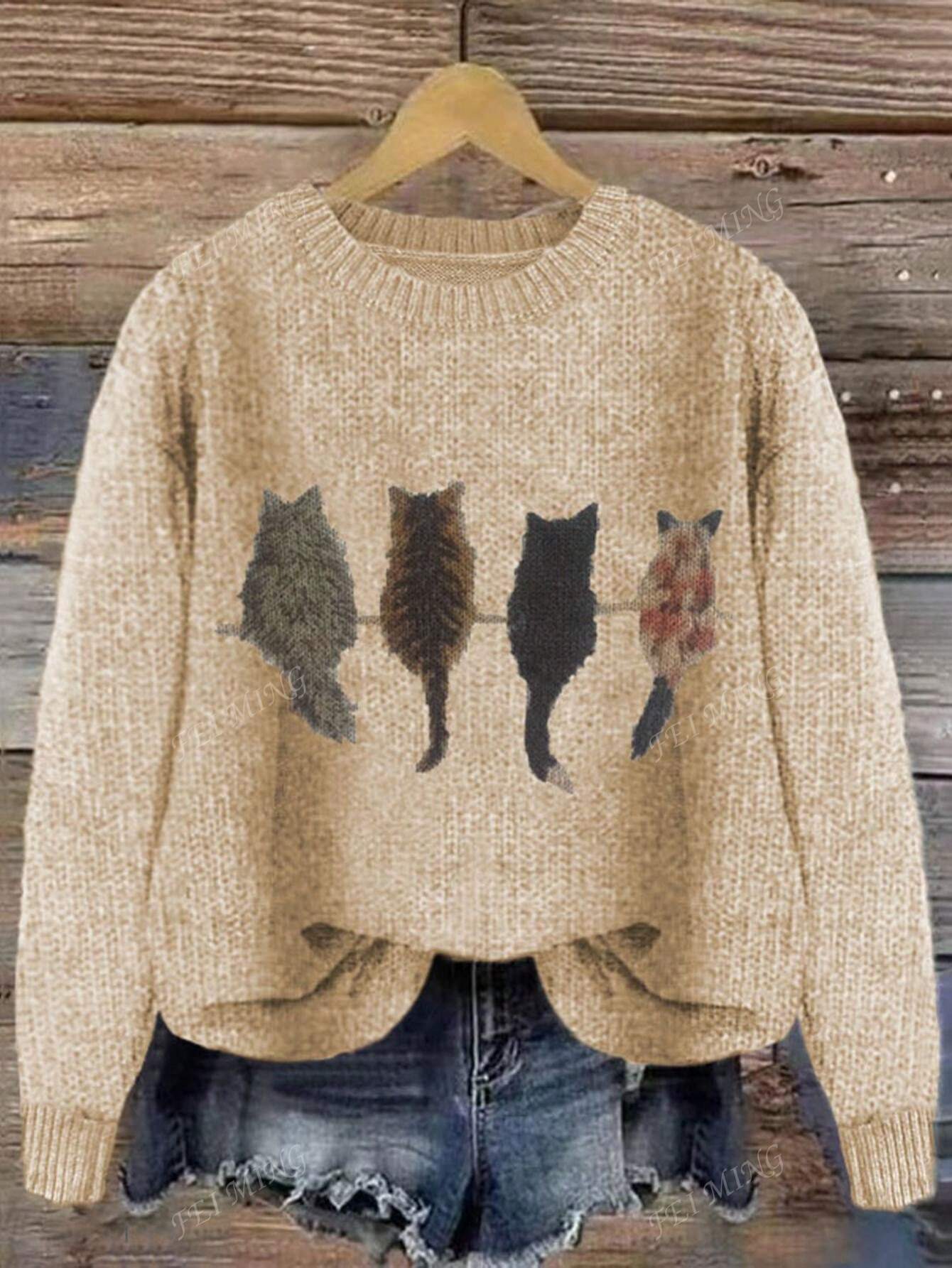 Crew Neck Colorblock Cat Print Loose Casual Knitted Pullover Sweater
