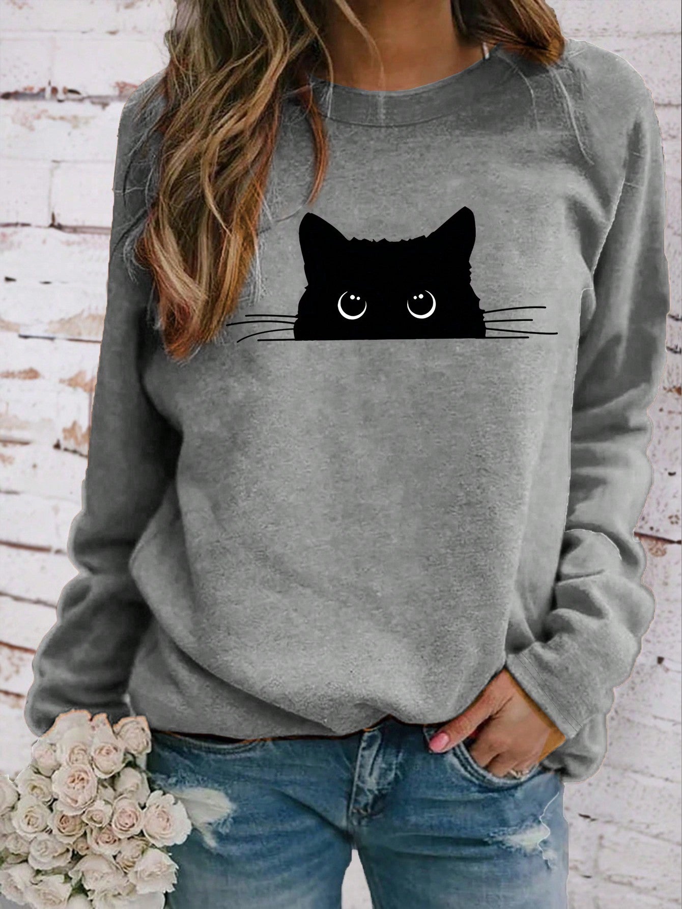 Women's Round Neck Long Sleeve Cat Print Casual T-Shirt For New Year Clothes Graphic Tees Women Tops For Spring Outfit