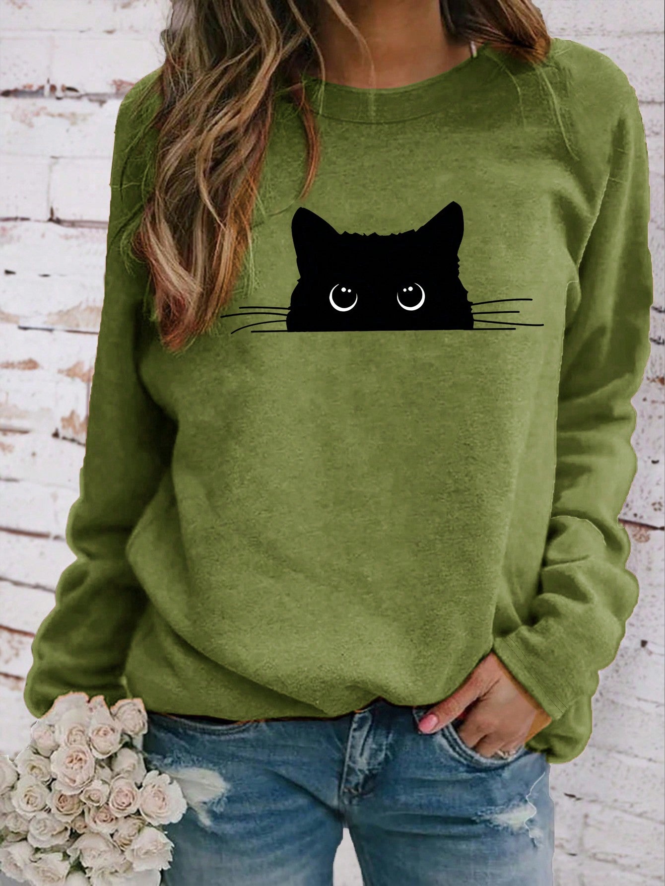 Women's Round Neck Long Sleeve Cat Print Casual T-Shirt For New Year Clothes Graphic Tees Women Tops For Spring Outfit