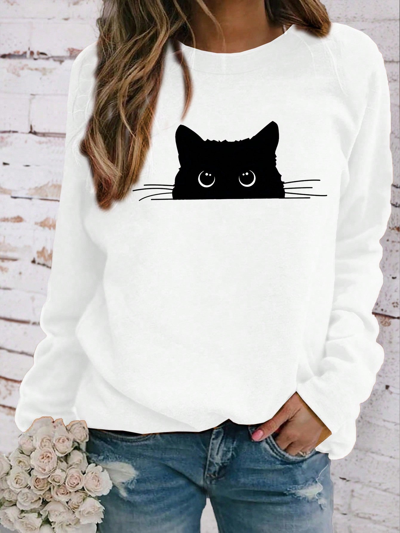 Women's Round Neck Long Sleeve Cat Print Casual T-Shirt For New Year Clothes Graphic Tees Women Tops For Spring Outfit