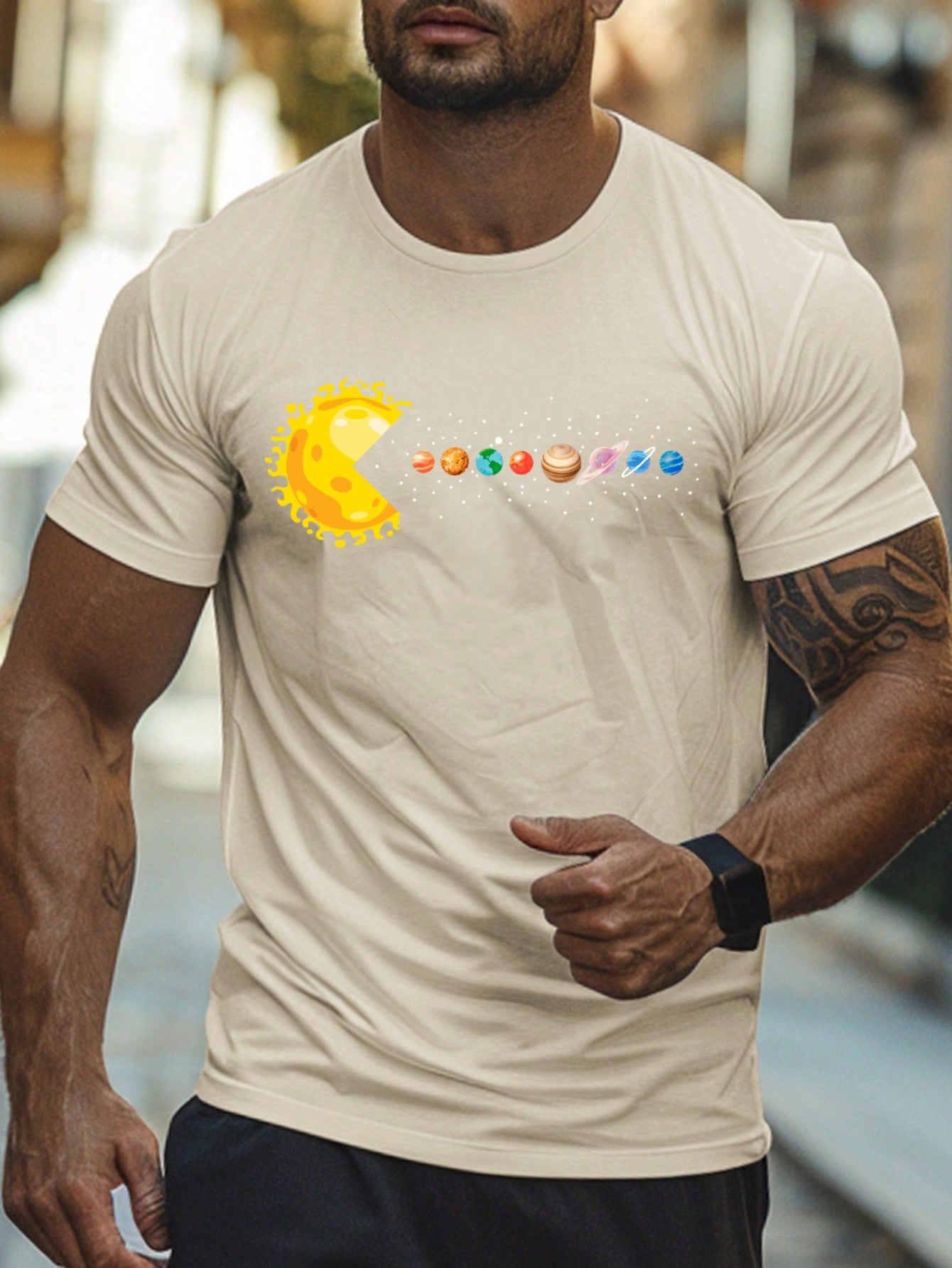 Men's Round Neck Planet Print Short Sleeve Casual Loose Fit T-Shirt