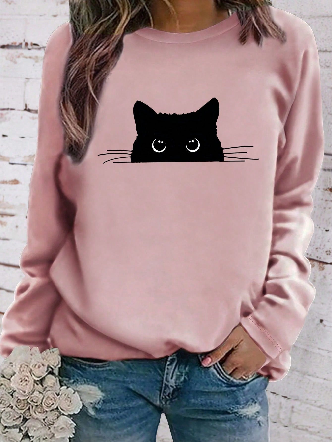Women's Round Neck Long Sleeve Cat Print Casual T-Shirt For New Year Clothes Graphic Tees Women Tops For Spring Outfit