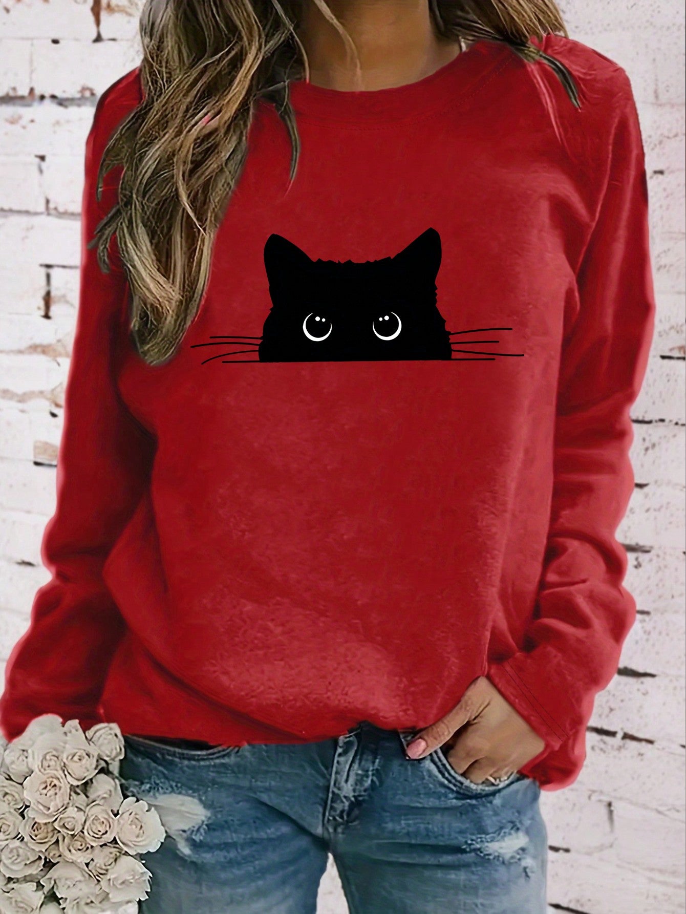 Women's Round Neck Long Sleeve Cat Print Casual T-Shirt For New Year Clothes Graphic Tees Women Tops For Spring Outfit