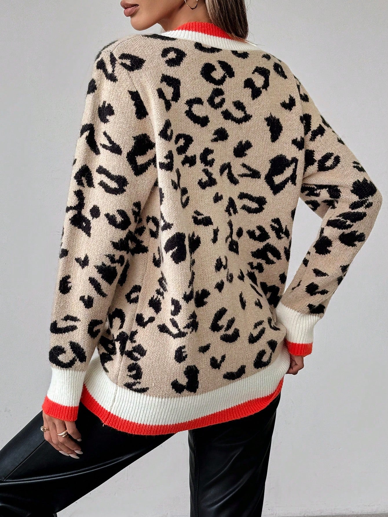 Women's Color Block V-Neck Leopard Print Long Sleeve Sweater,Long Sleeve Tops