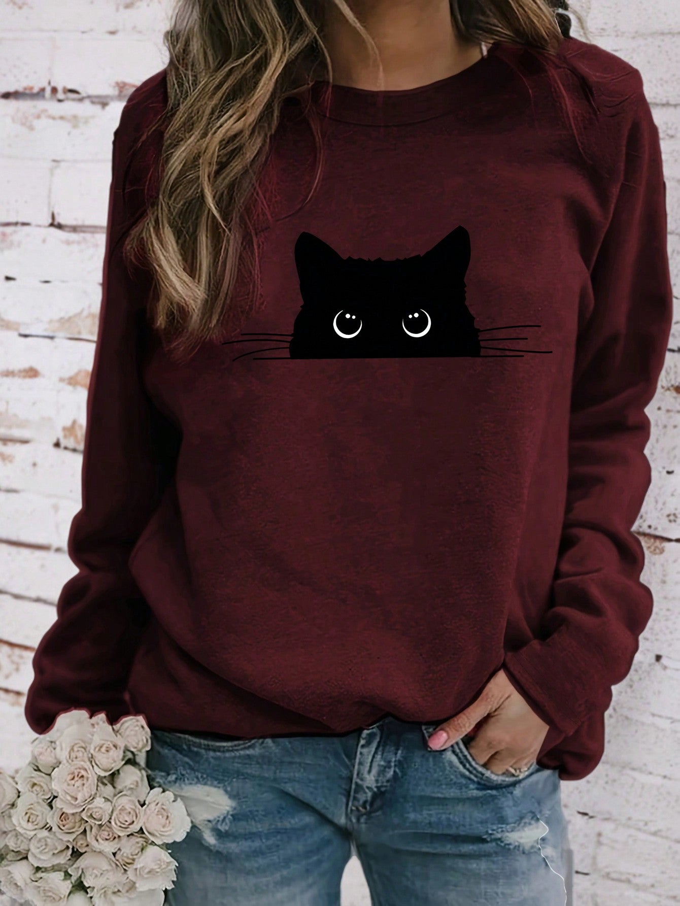Women's Round Neck Long Sleeve Cat Print Casual T-Shirt For New Year Clothes Graphic Tees Women Tops For Spring Outfit