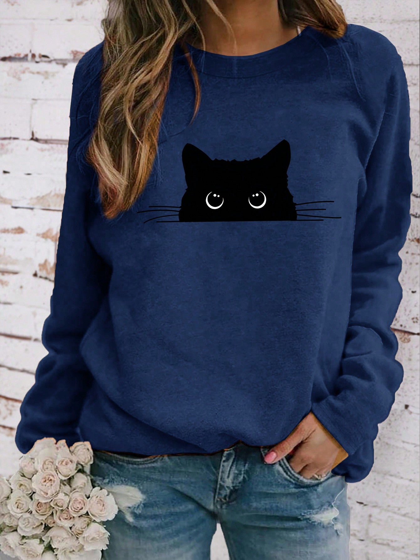 Women's Round Neck Long Sleeve Cat Print Casual T-Shirt For New Year Clothes Graphic Tees Women Tops For Spring Outfit