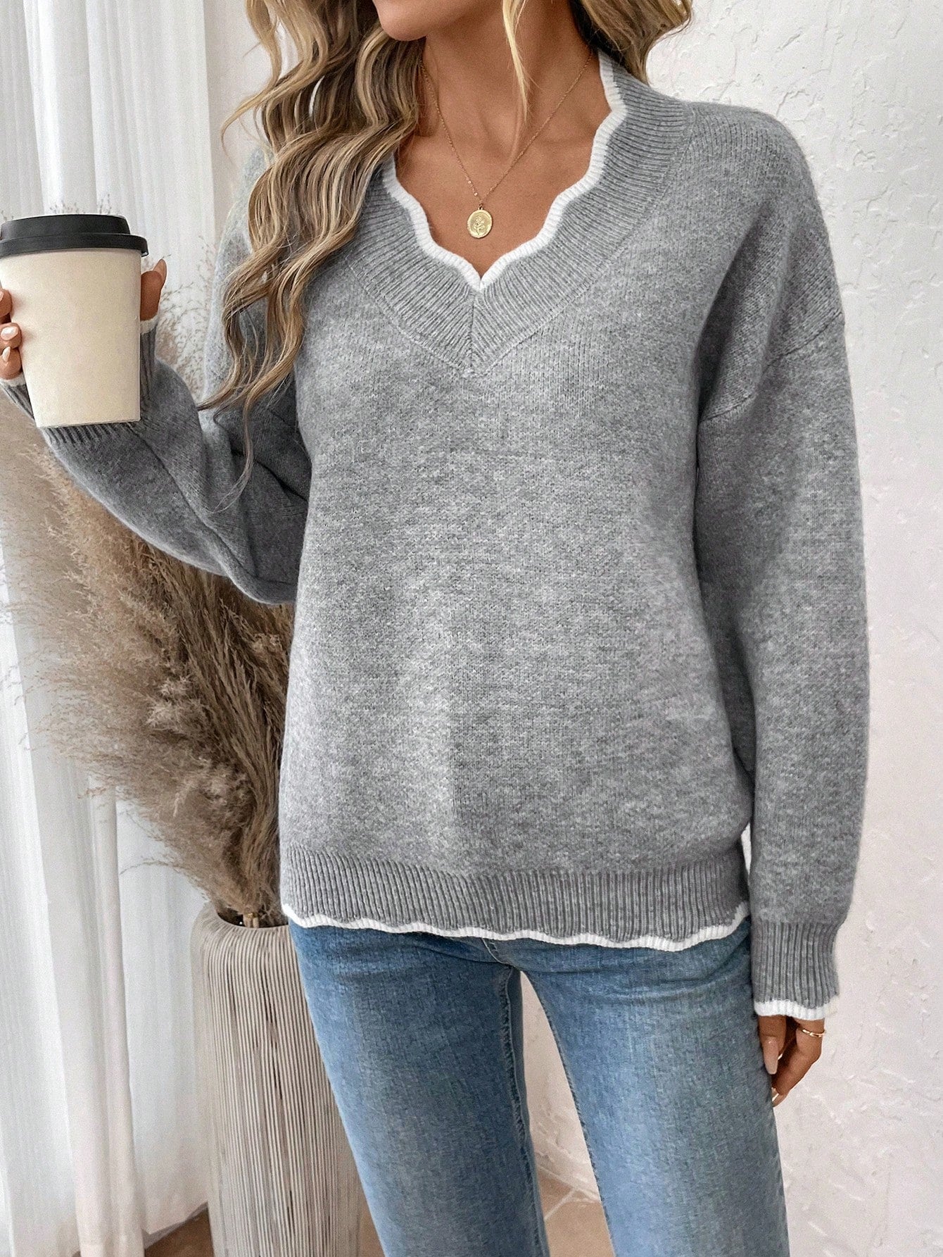 Women's Colorful 3D Floral V-Neck Drop Shoulder Long Sleeve Sweater, Casual For Autumn And Winter New Years,Long Sleeve Tops
