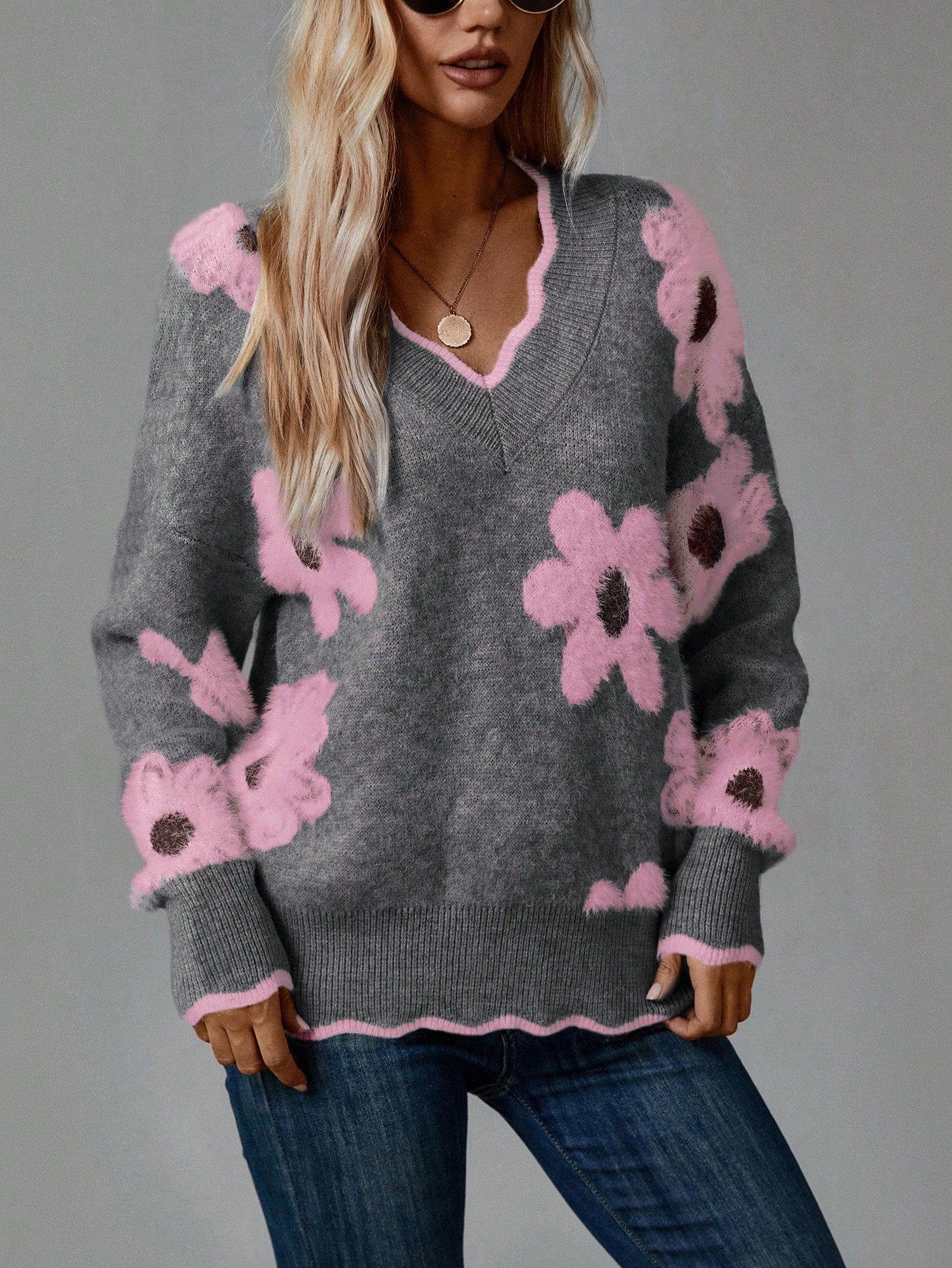 Women's Colorful 3D Floral V-Neck Drop Shoulder Long Sleeve Sweater, Casual For Autumn And Winter New Years,Long Sleeve Tops