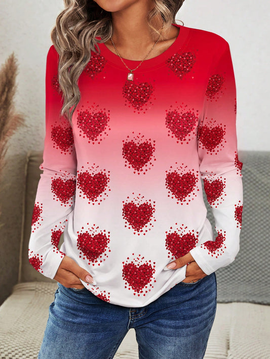 Valentine's Day Heart Ombre Graphic Round Neck Long Sleeve Printed T-Shirt For Women