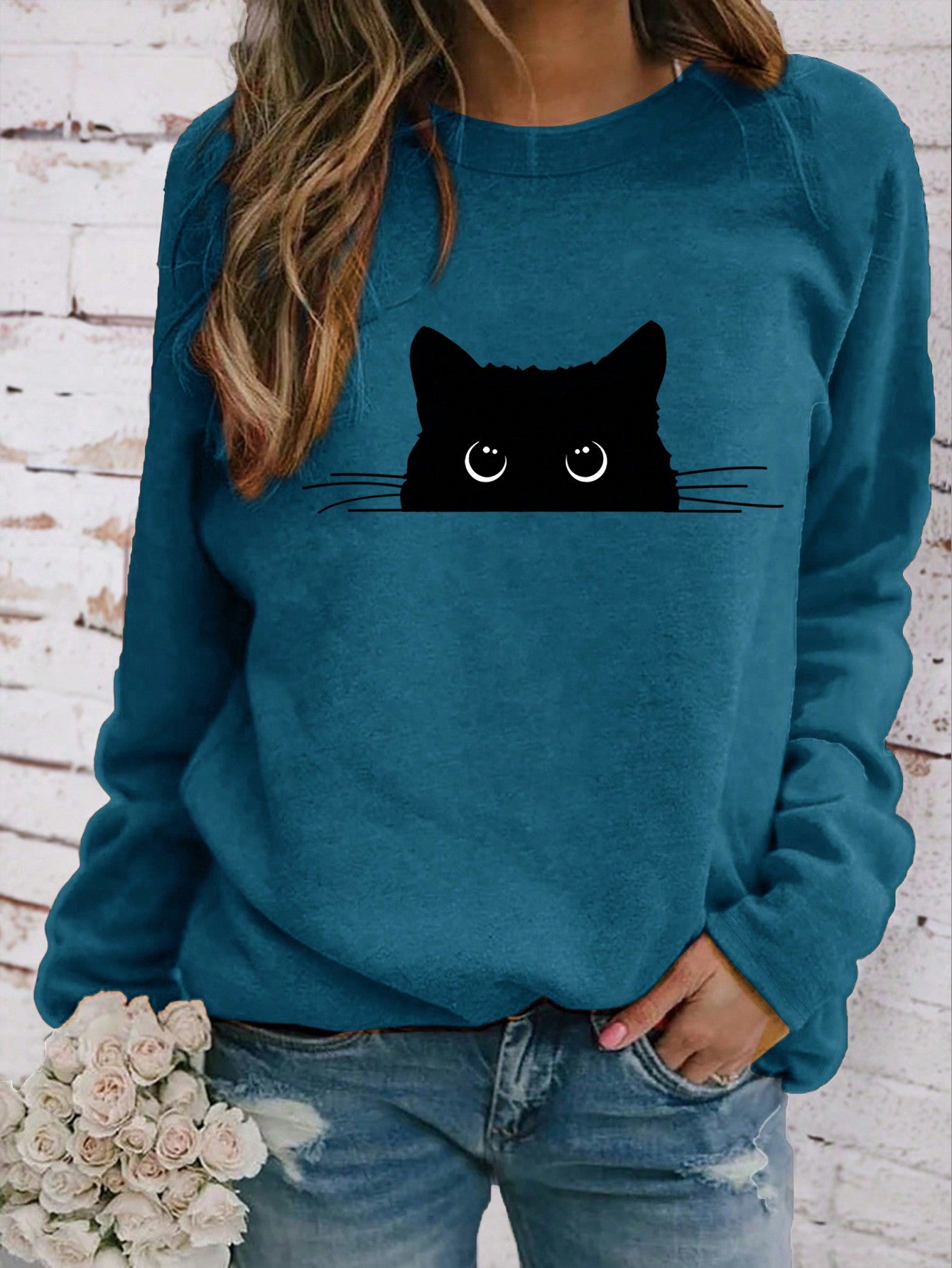 Women's Round Neck Long Sleeve Cat Print Casual T-Shirt For New Year Clothes Graphic Tees Women Tops For Spring Outfit