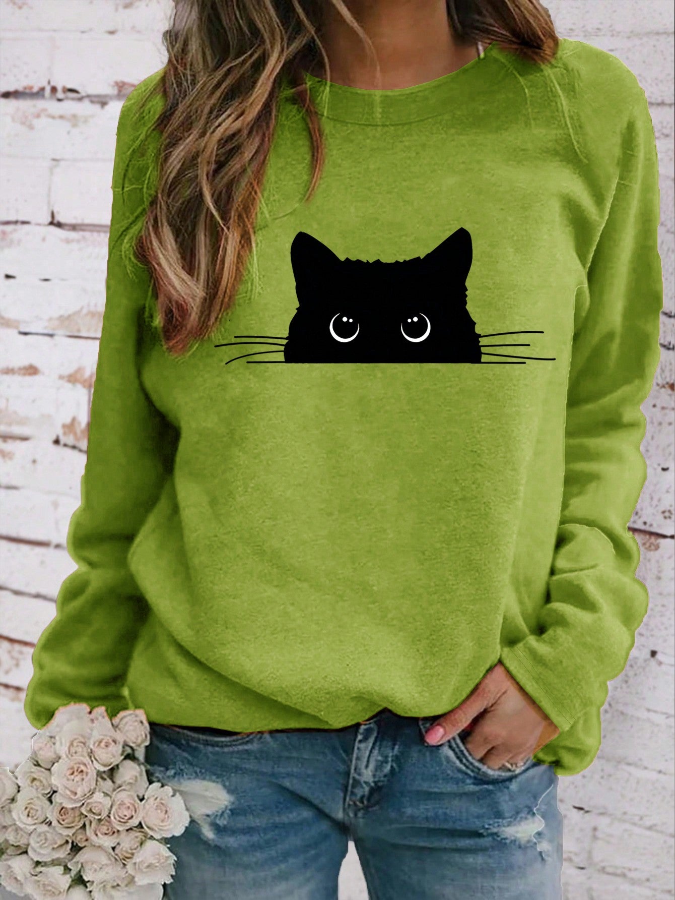 Women's Round Neck Long Sleeve Cat Print Casual T-Shirt For New Year Clothes Graphic Tees Women Tops For Spring Outfit