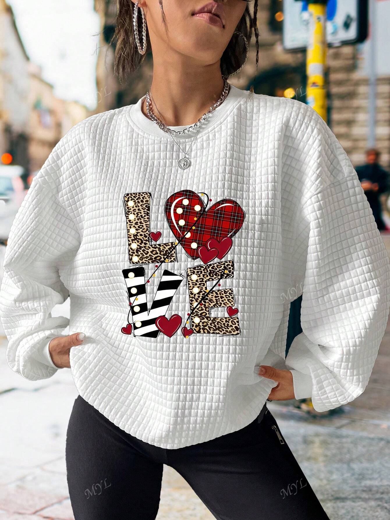 Valentine's Day Leopard & Plaid Love Print Women's Casual Waffle Sweatshirt Autumn And Winter