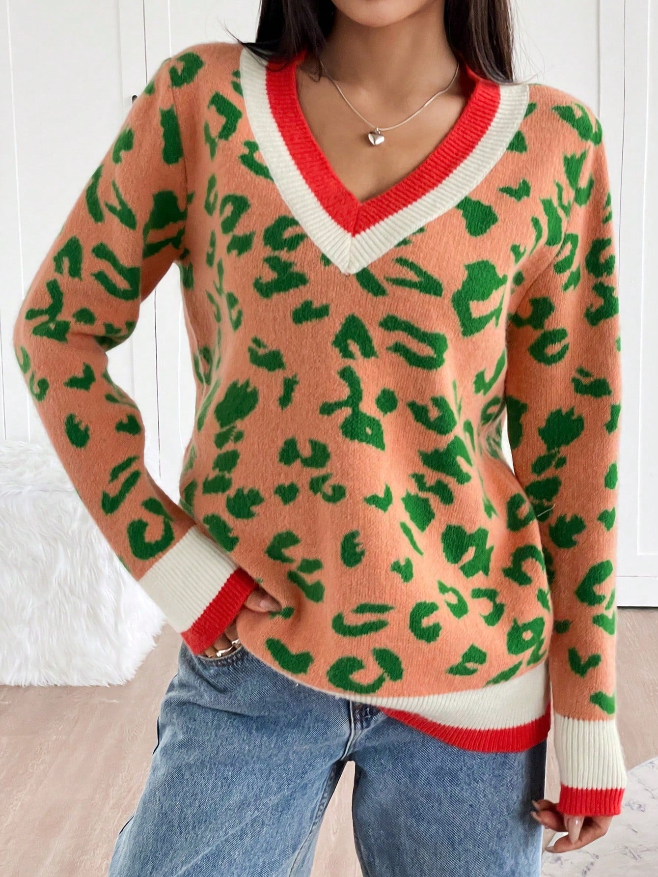 Women's Color Block V-Neck Leopard Print Long Sleeve Sweater,Long Sleeve Tops