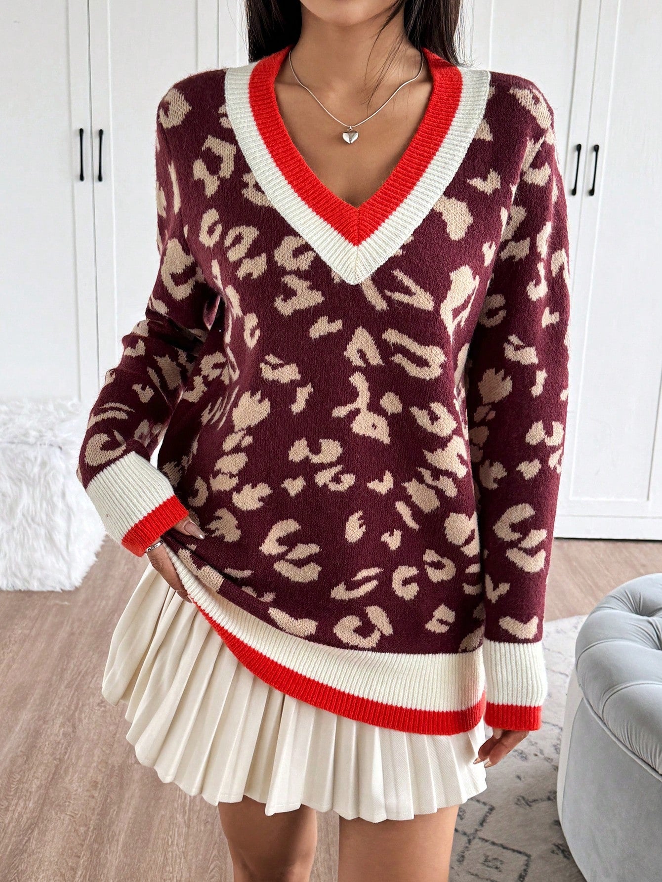 Women's Color Block V-Neck Leopard Print Long Sleeve Sweater,Long Sleeve Tops