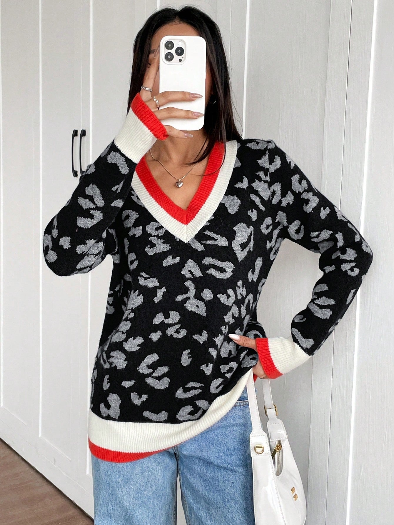 Women's Color Block V-Neck Leopard Print Long Sleeve Sweater,Long Sleeve Tops
