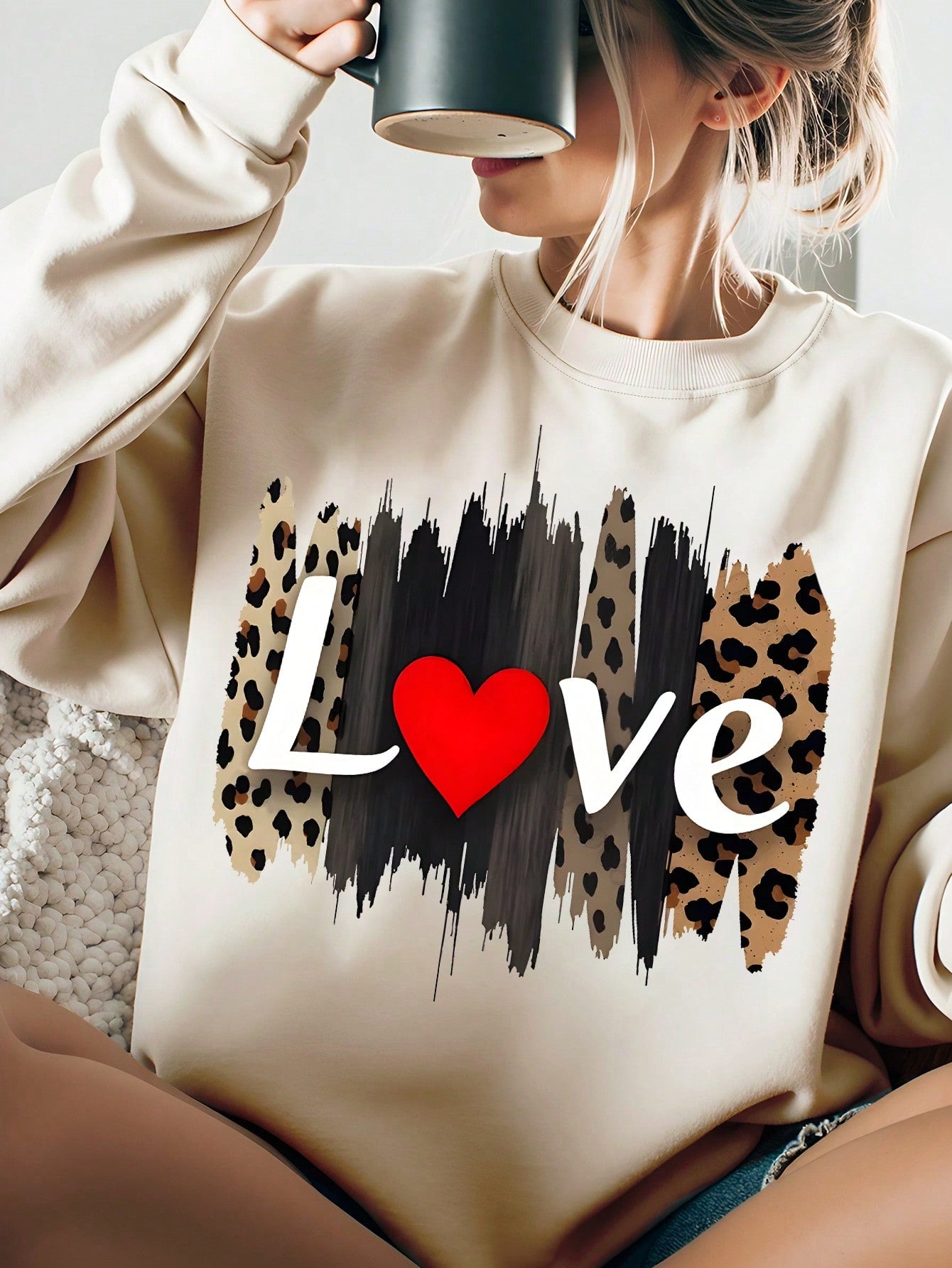 Women's Valentine's Day Love Casual Crew Neck Beige Sweatshirt