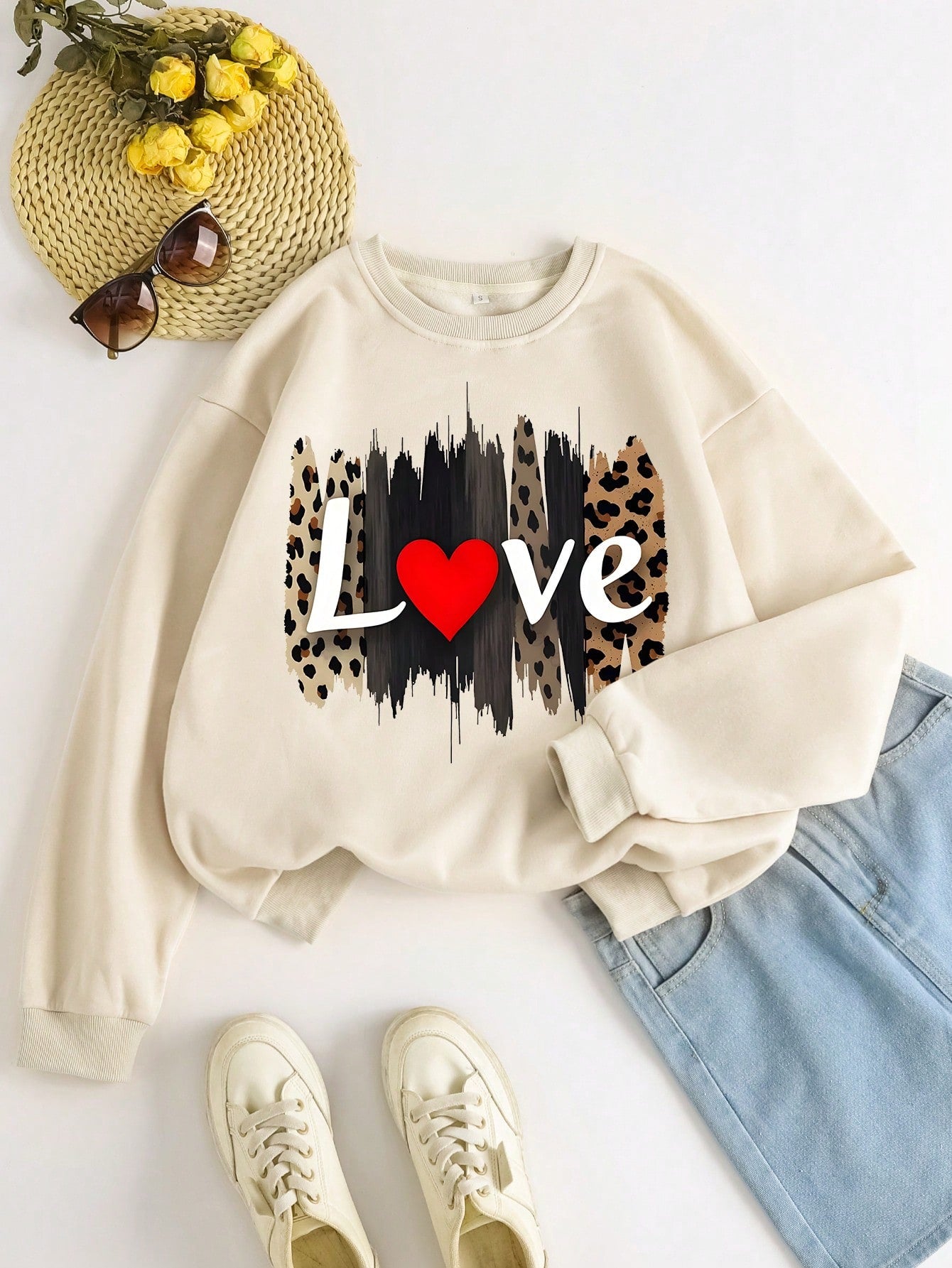 Women's Valentine's Day Love Casual Crew Neck Beige Sweatshirt