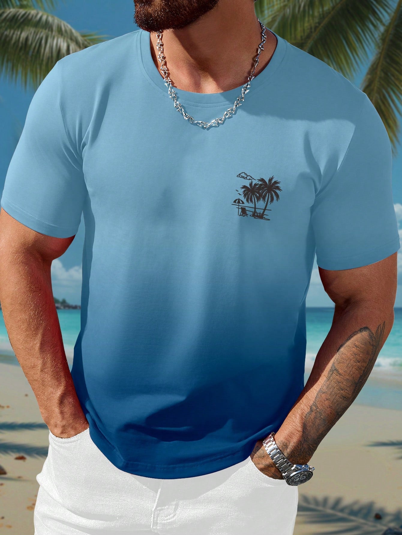 Manfinity RSRT Round Neck Digital Printed Ombre Color Summer Casual Short Sleeve T-Shirt