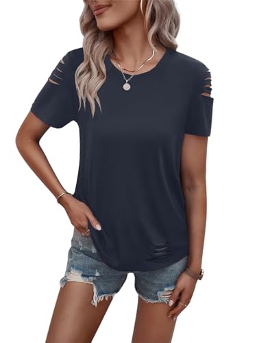 Women's Short Sleeve T Shirts Crew Neck Ripped Cut Out Summer Casual Basic Tees Tops