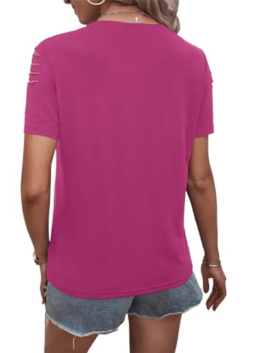 Women's Short Sleeve T Shirts Crew Neck Ripped Cut Out Summer Casual Basic Tees Tops