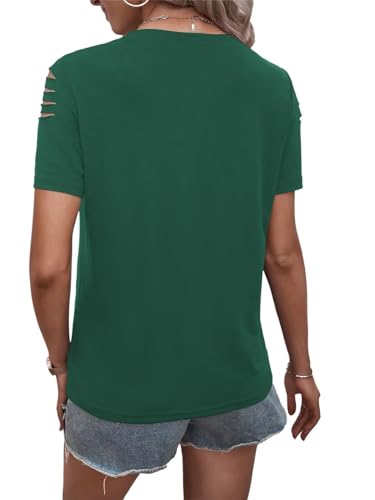 Women's Short Sleeve T Shirts Crew Neck Ripped Cut Out Summer Casual Basic Tees Tops