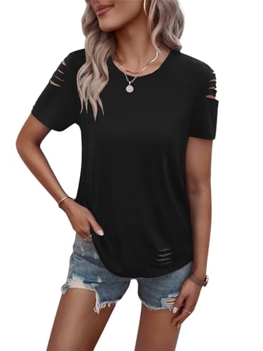 Women's Short Sleeve T Shirts Crew Neck Ripped Cut Out Summer Casual Basic Tees Tops