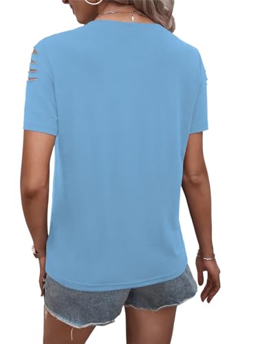 Women's Short Sleeve T Shirts Crew Neck Ripped Cut Out Summer Casual Basic Tees Tops