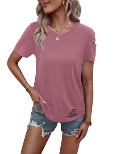 Women's Short Sleeve T Shirts Crew Neck Ripped Cut Out Summer Casual Basic Tees Tops