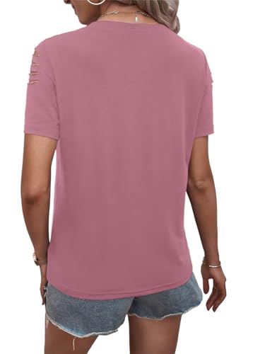 Women's Short Sleeve T Shirts Crew Neck Ripped Cut Out Summer Casual Basic Tees Tops