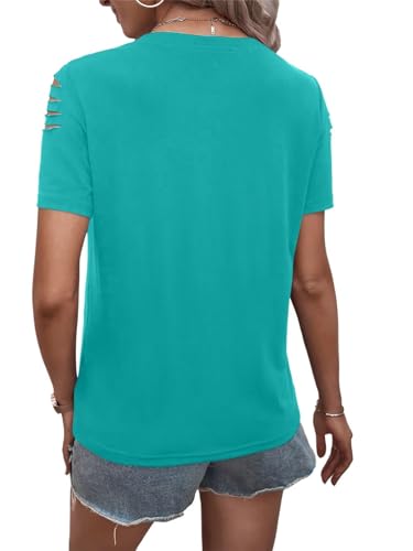 Women's Short Sleeve T Shirts Crew Neck Ripped Cut Out Summer Casual Basic Tees Tops