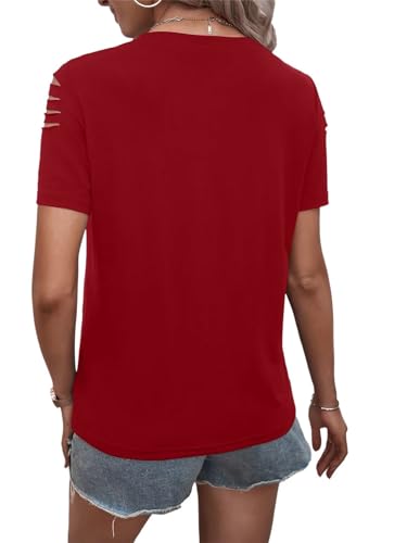 Women's Short Sleeve T Shirts Crew Neck Ripped Cut Out Summer Casual Basic Tees Tops